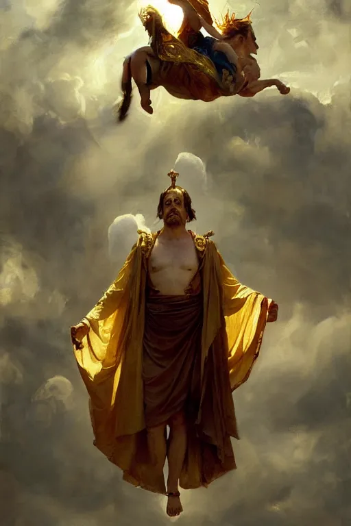 Image similar to beautiful oil painting portrait of ancient roman god emperor steve buscemi floating in the air wearing the civic crown levitating and ascending in a religious pose, ascension, art by anders zorn, wonderful masterpiece by greg rutkowski, expressive brush strokes, beautiful cinematic light, american romanticism by greg manchess, jessica rossier