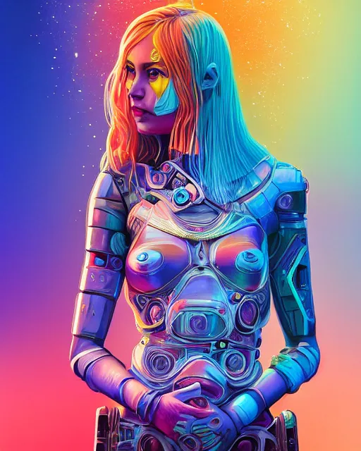 Image similar to colorful portrait of a female hippie with cybernetics, but set in the future 2 1 5 0 | highly detailed | very intricate | symmetrical | professional model | cinematic lighting | award - winning | painted by mandy jurgens | pan futurism, dystopian, bold psychedelic colors, cyberpunk, anime aesthestic | featured on artstation