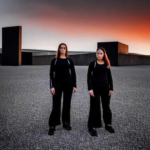 Image similar to photograph of 2 women wearing black techwear in front of a brutalist sharp - edged metal building, on a desolate plain, red eerie sky, sigma 8 5 mm f / 1. 4, 4 k, depth of field, high resolution, 4 k, 8 k, hd, full color