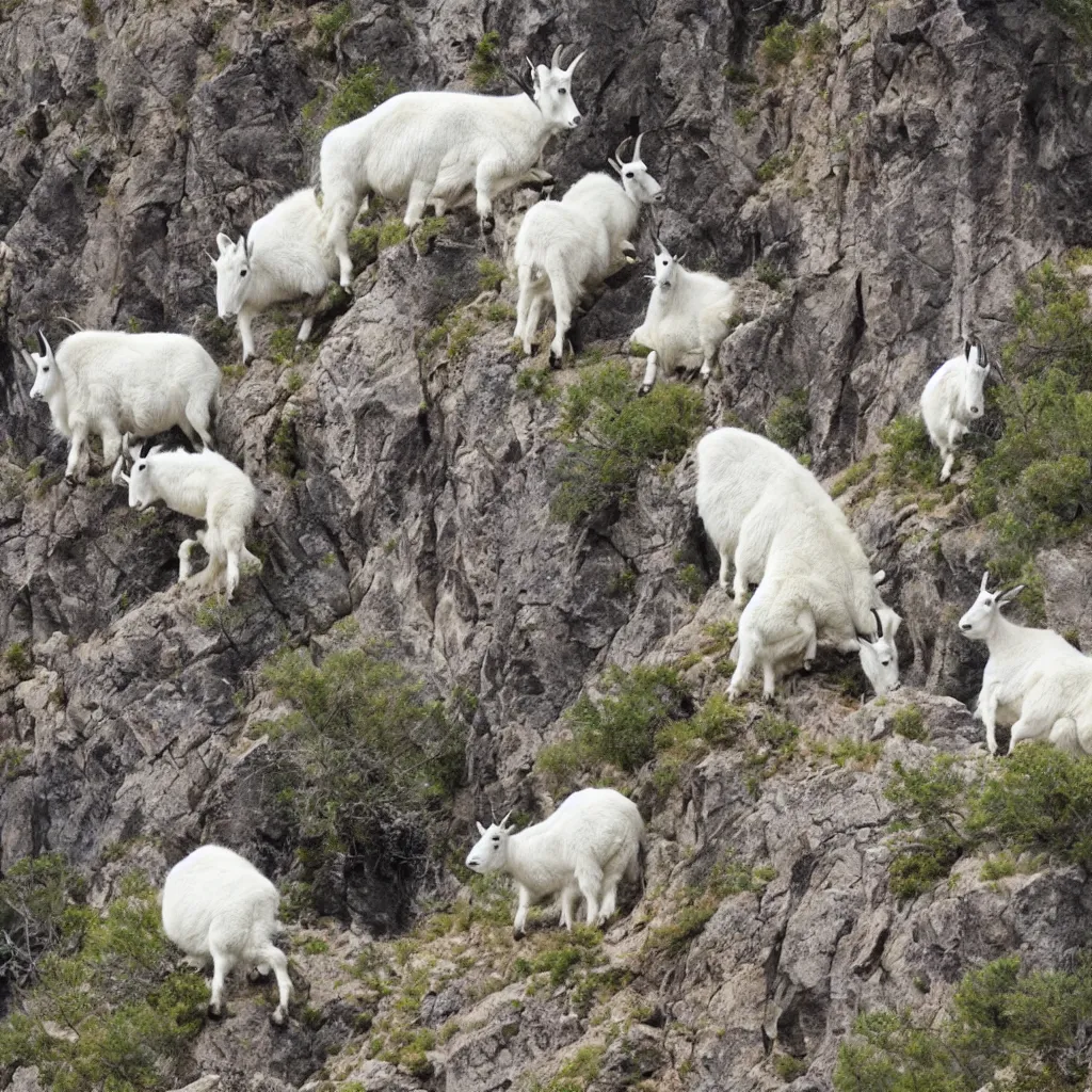 Prompt: mountain goats on a sheer cliffside, expressive, hyperrealism, photorealistic