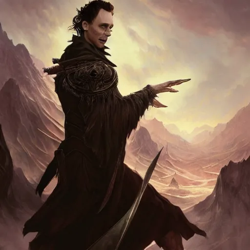 Image similar to tom hiddleston as a necromancer, summoning undead, glacier landscape, d & d, fantasy, intricate, elegant, highly detailed, digital painting, artstation, concept art, matte, sharp focus, illustration, art by artgerm and greg rutkowski and alphonse mucha