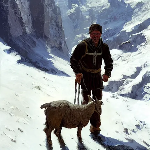 Image similar to a hiker man with a goat on top of a icy mountain, cinematic, painting by craig mullins