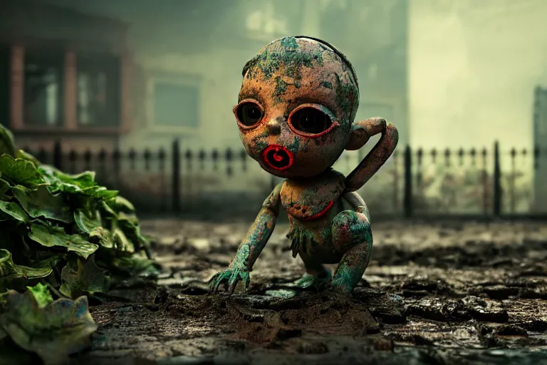 Prompt: Broken ugly toy doll with glowing eyes lying on old courtyard with mud and an old playground between two soviet five-storey overgrown with ivy panel houses, high details, cinematic, 8k resolution, beautiful detailed, insanely intricate details, artstation trending, rule of third, octane render, unreal engine