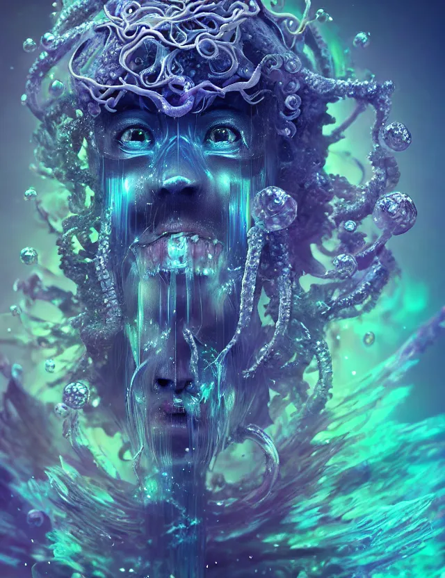 Image similar to goddess macro close - up portrait wigh crown made of ram skull. betta fish, jellyfish phoenix, bioluminiscent, plasma, ice, water, wind, creature, super intricate ornaments artwork by tooth wu and wlop and beeple and greg rutkowski