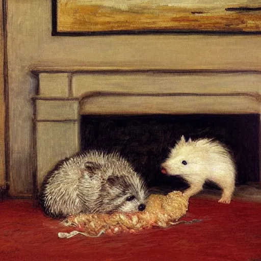 Image similar to a westie dog biting a stuffed hedgehog in a living room by monet