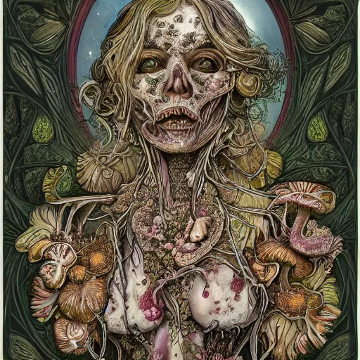 Image similar to a beautiful detailed front view portrait of a rotten woman corpse with fractal plants and fractal flowers and mushrooms growing around, intricate, symmetrical, ornate, ornamentation, bones, illustration, in the style of art nouveau