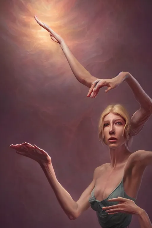 Prompt: an extremely high quality hd, a digital painting of a woman with her hands in the air, digital art by clint cearley, featured on zbrush central, metaphysical painting, lovecraftian, fractalism, cosmic horror, 8 k, ultra realistic, very realistic