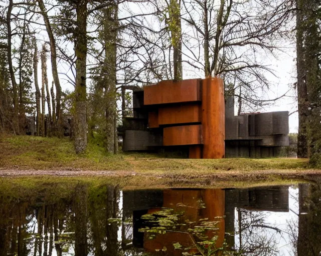 Image similar to pagan brutalist building made of carved wood near a pond and forest, a lot of chimes and calmness