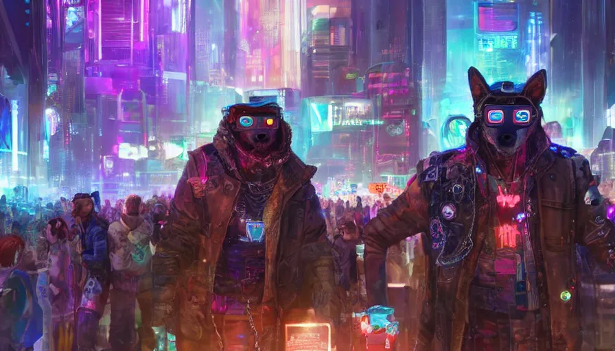 Image similar to high - resolution photograph from a cyberpunk era furry fandom convention ( midwest furfest 2 0 4 7 ), taking place after the genetic revolution and quantum singularity. photorealistic.