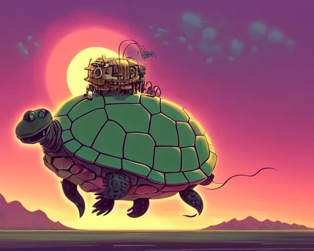 Prompt: a cell shaded cartoon giant lovecraftian mechanized turtle from howl's moving castle ( 2 0 0 4 ), with a big head, on a desert road, full body, wide shot, pink light, golden hour, post grunge, concept art by josan gonzales, wlop, by james jean, victor ngai, hq, deviantart, art by artgem