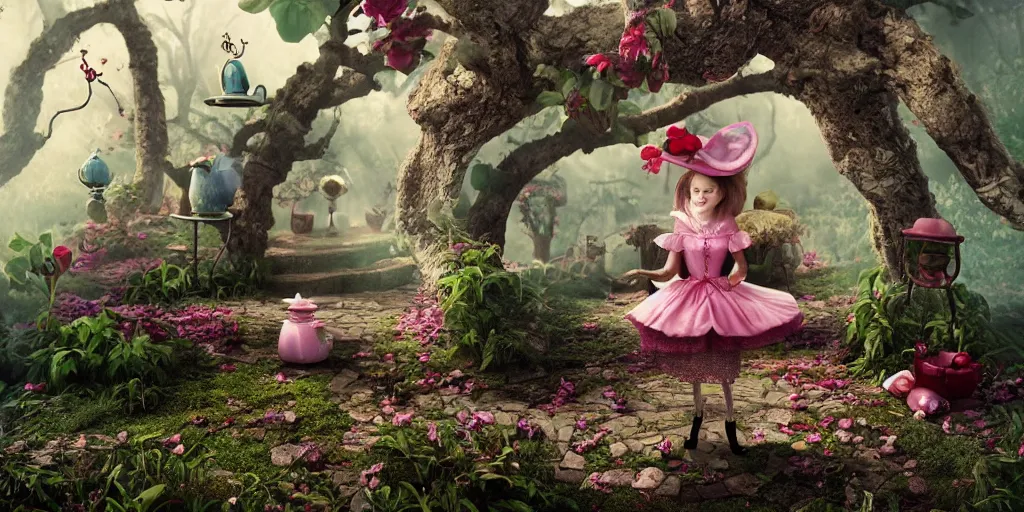 Image similar to alice in wonderland tea with mad hat 3 d, mistic atmosphere, cute, octane render, redshift render, intricate, insanely detailed, morning light, ambient occlusion, sub surface scattering, well rendered