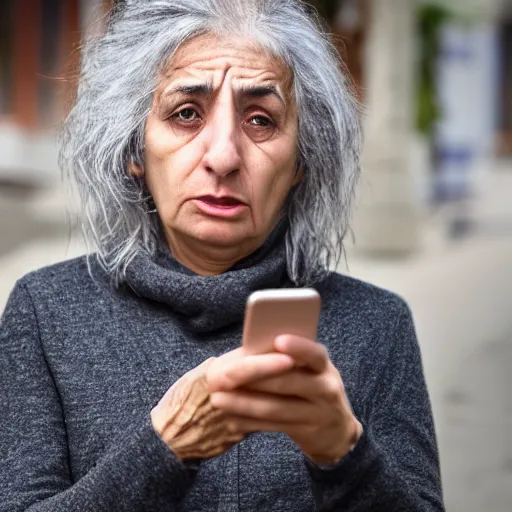 Prompt: astonished and angry middle aged lady looking at smartphone, unsure expression, uncombed hair, greek ethnicity, persian face structure, straight grey hair, angry eyes, photo, realistic, outdoor lighting, 4 k, 8 k, hd, 3 9 mm lens