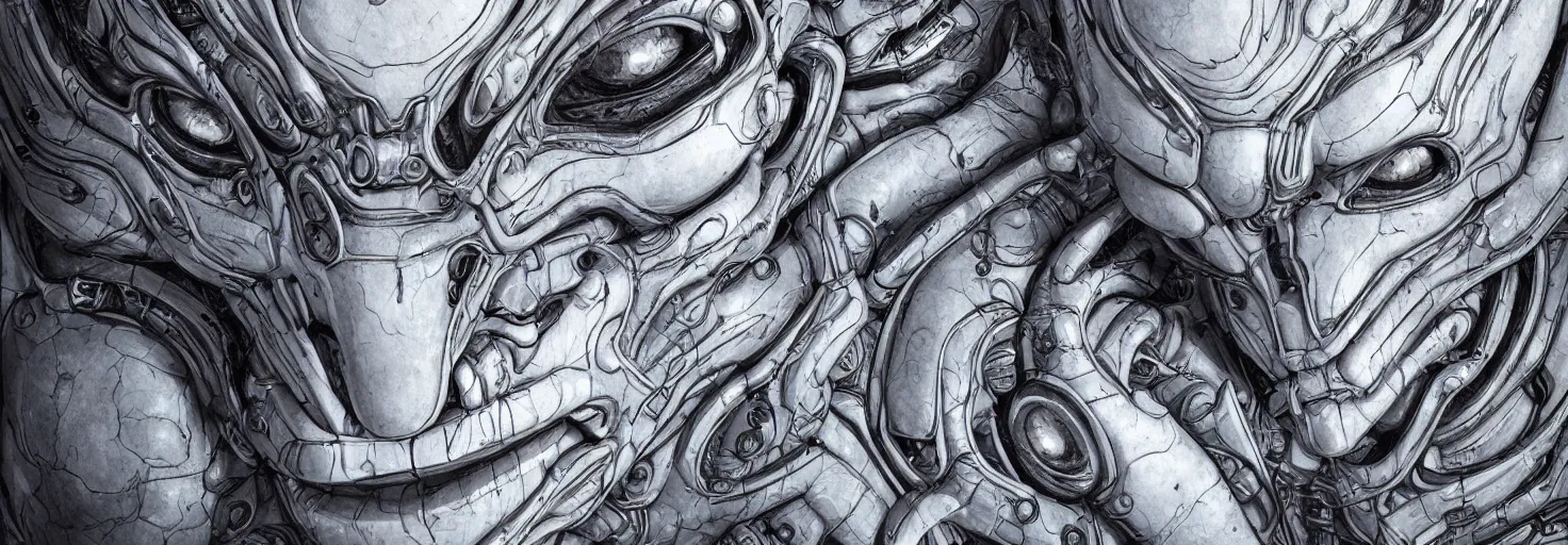 Image similar to engineer alien face by Artgerm, alien, highly detailed, symmetrical long head, smooth marble surfaces, detailed ink illustration, raiden metal gear, cinematic smooth stone, deep aesthetic, concept art, post process, 4k, carved marble texture and silk cloth, latex skin, highly ornate intricate details, moody lighting, hr geiger, hayao miyazaki, by Artgerm