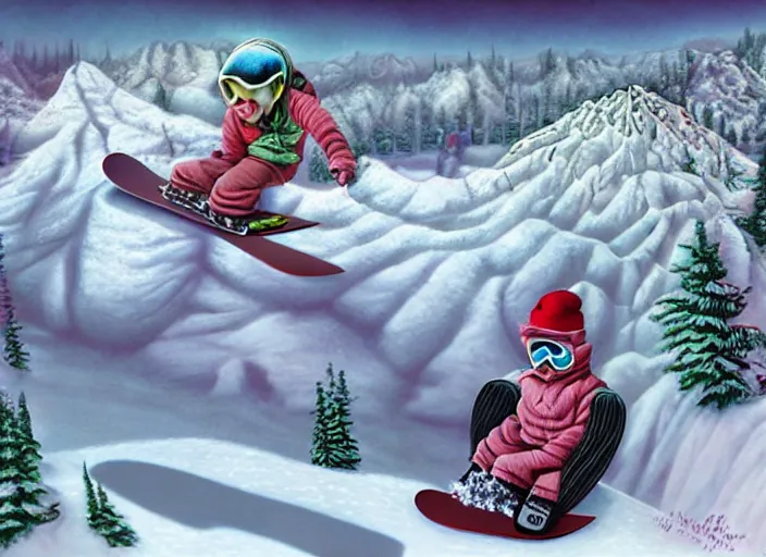 Image similar to snowboarding to another dimension, lowbrow, matte painting, 3 - d highly detailed, in the style of mark ryden,