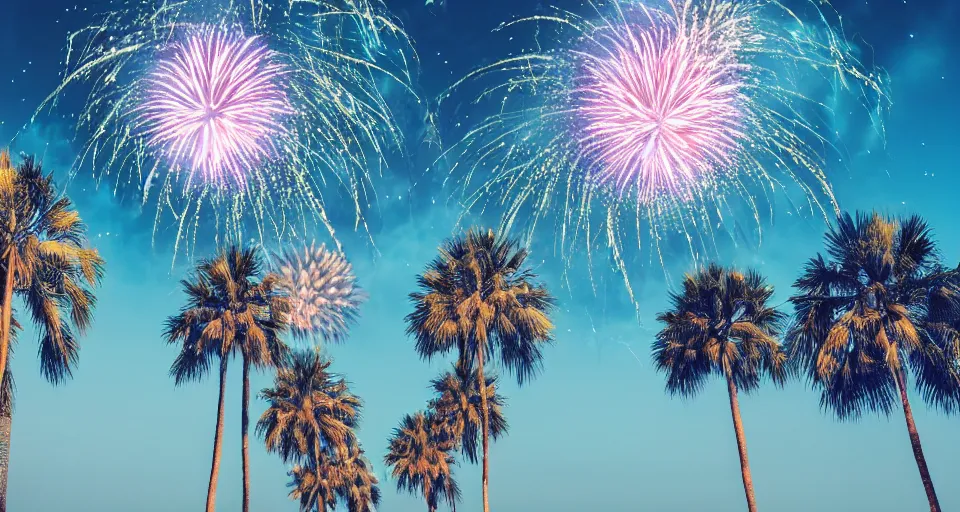 Image similar to fireworks palm trees, beeple