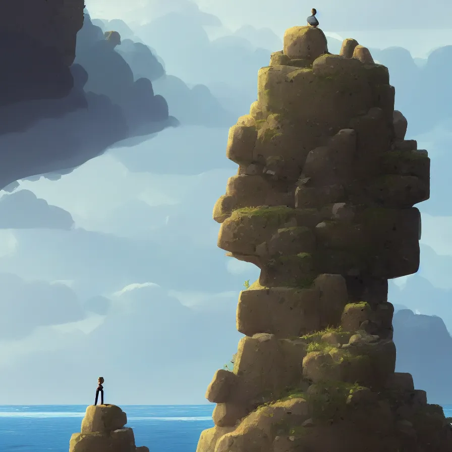 Image similar to Image from afar, man looking from the top of a large rock cliff, the sea hits the large stones hard, the clouds let through subtle rays of light, art by Goro Fujita, ilustration, concept art, sharp focus, ArtStation and deviantart