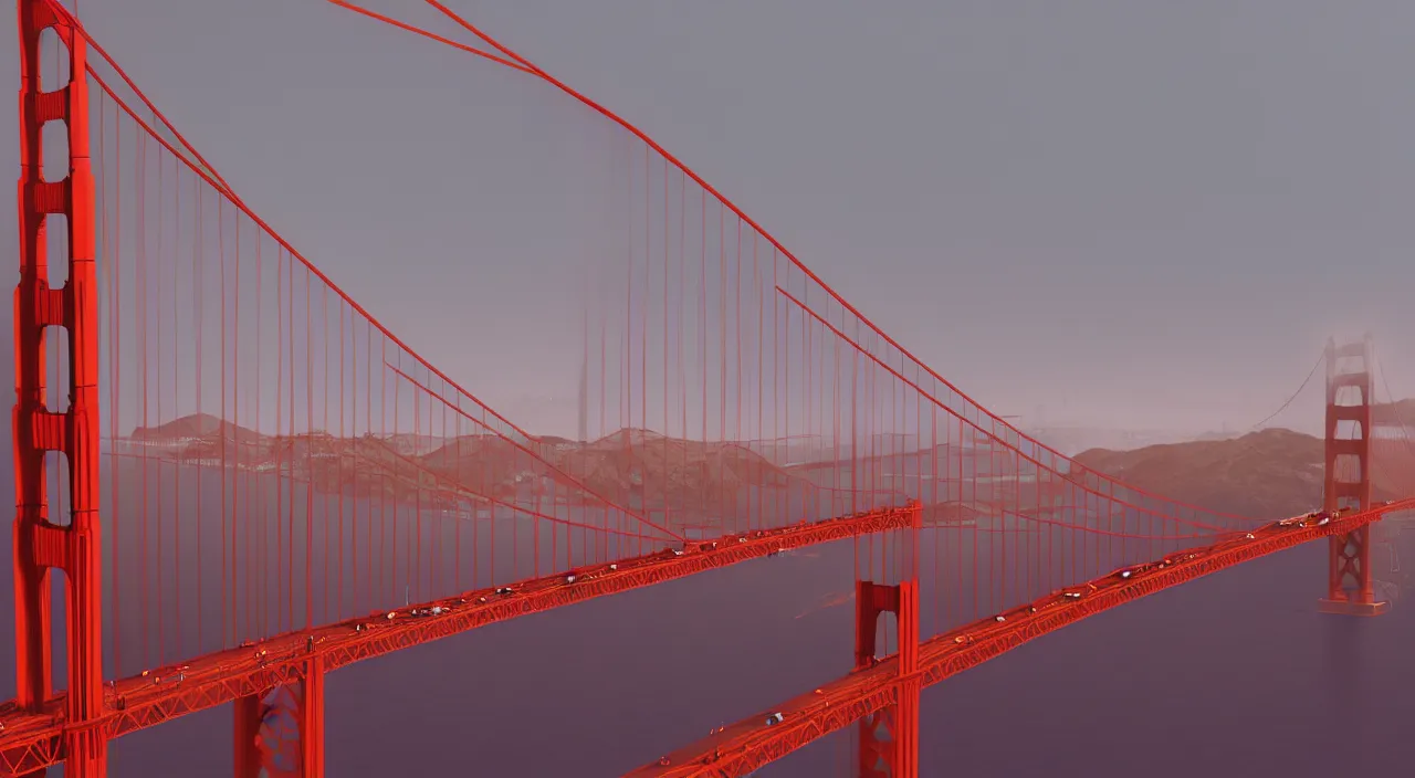 Prompt: Golden Gate Bridge , painting overlay by beeple by Raffaello Sanzi and Chao Teng Zhao, centered,pixar and dremwork artstation, smooth, sharp focus, octane render, 3d rim light