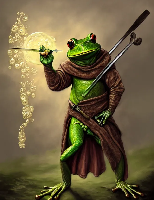 Image similar to anthropomorphic bipedal frog that is dressed as a medieval fighter, and wielding a club weapon, as a matte oil painting and d & d character art, by alex grey, standing, fullbody, floating bubbles, fog, mystic, concept art, award - winning, extremely detailed, sharp focus