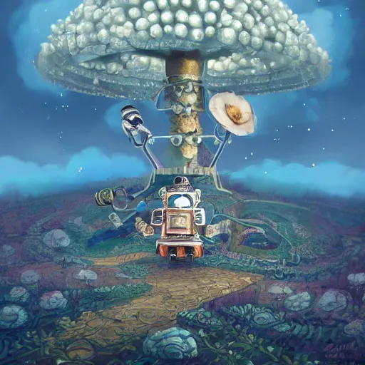 Prompt: On the morning of the robot queen's coronation, The Mekanik Doll, an elderly mushroom walking their pet snail, Mount Fuji seen from the International Space Station, the theme of Alice in Wonderland, digital painting, concept art, illustration, deep dark, artstation, intricate, beautiful and thematically complex, ue5, by deiv calviz and bossmonsterbani