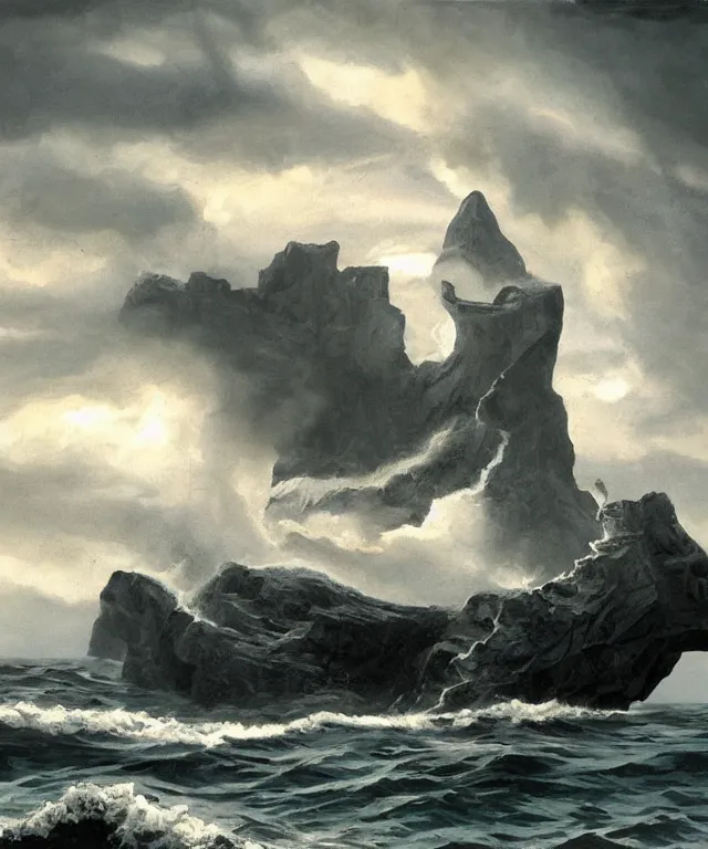 Image similar to photorealistic painting of a 1 9 2 5 seiner sailing near a tropical skull - shaped cliff with the mouth of a sea cave at the waterline, dark, brooding, atmospheric, lovecraft, horror, smooth, epic, highly detailed, cinematic, by larry elmore