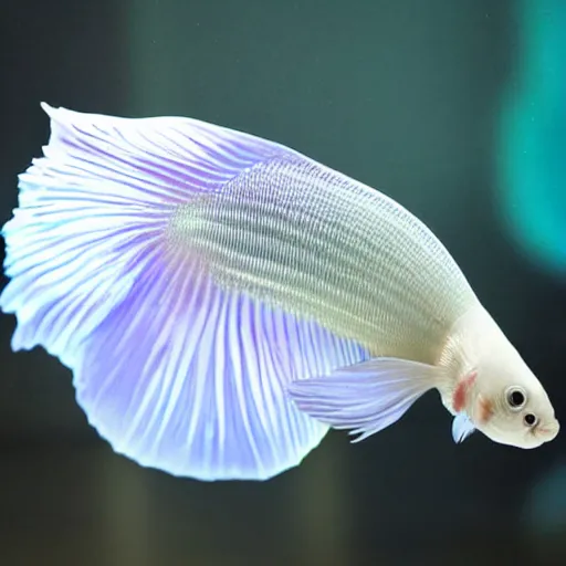 Prompt: a graceful iridescent white betta fish in black!!! water