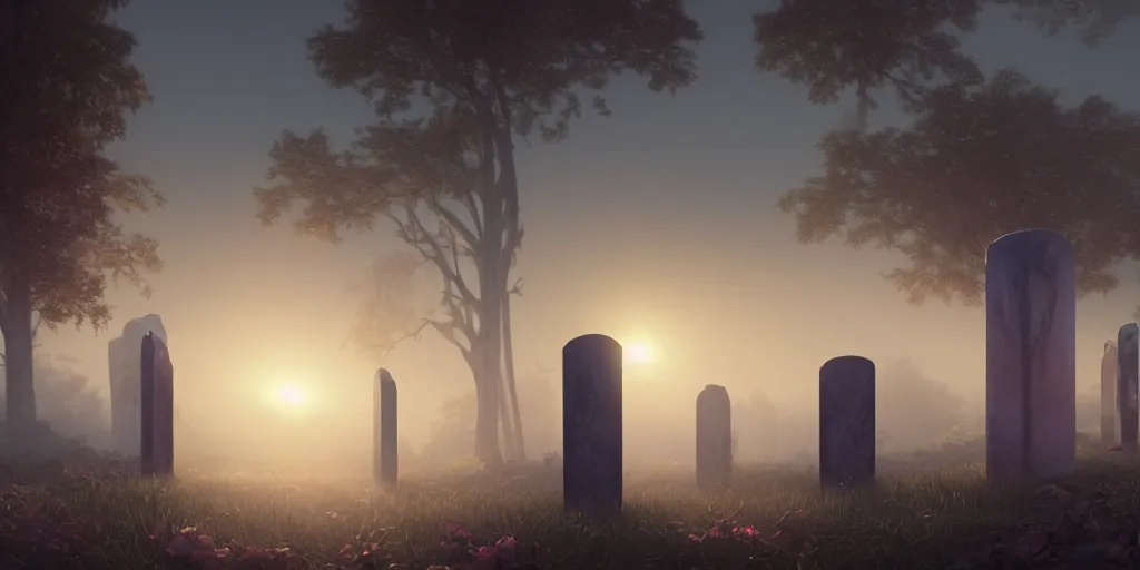 Prompt: large glowing iphone tombstones preserving incubating body of last female human in existence. sci - fi gothic terrarium cemetery, serene morning mist, pastel sunrise, volumetric lighting, octane render, by greg rutkowski, william adolphe bouguereau, gerald brom, gustave dore,