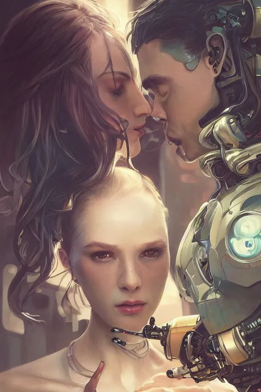 Image similar to Ultra realistic illustration,a robot and a woman are boyfriends, cyberpunk, sci-fi, fantasy, intricate, elegant, highly detailed, digital painting, artstation, concept art, smooth, sharp focus, illustration, art by artgerm and greg rutkowski and alphonse mucha