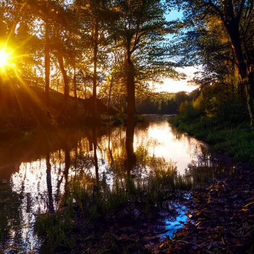 Image similar to river in a forest, golden hour, ray tracing reflection, 8k, hyper realistic, insainly detailed, hdr, octan render