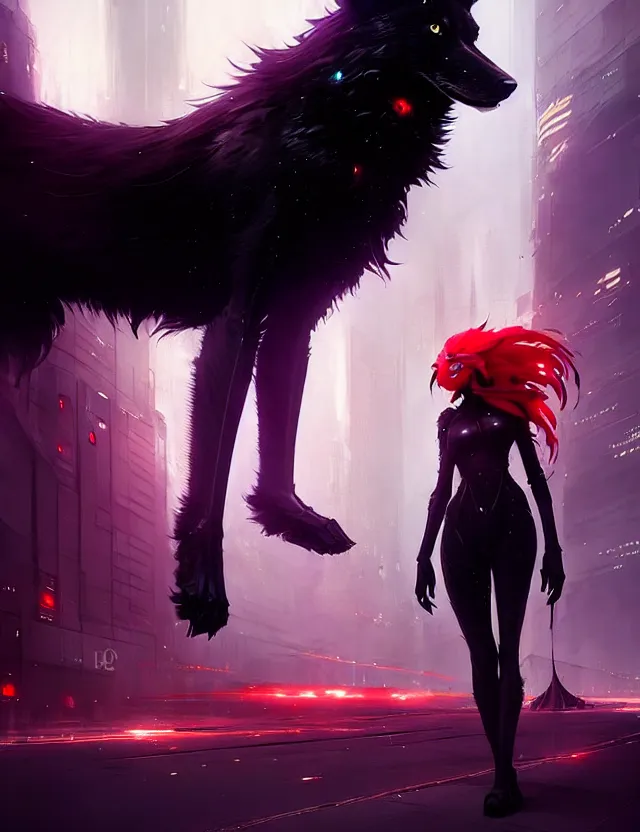 Image similar to beautiful black wolf with long red hair in a futuristic city. character design by cory loftis, fenghua zhong, ryohei hase, ismail inceoglu and ruan jia. artstation, volumetric light, detailed, photorealistic, fantasy, rendered in octane