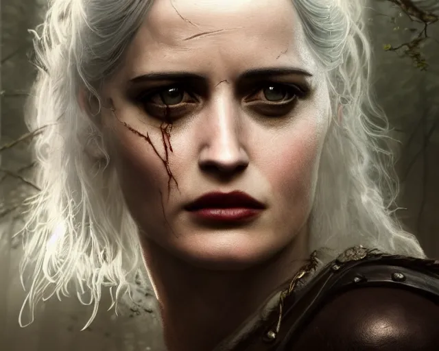 Image similar to 5 5 mm portrait photo of a real life tough looking eva green as ciri in brown leather armor with silver hair and a large scar along her left cheek, in a magical forest. dark atmosphere. art by greg rutkowski. highly detailed 8 k. intricate. lifelike. soft light. nikon d 8 5 0.