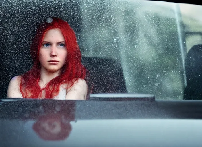 Image similar to A very high resolution image from a new movie, inside of a car, teen red hair woman, raining, hot, directed by wes anderson