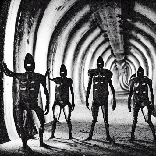 Image similar to cinematic photo of humans wearing realistic ant costumes in an underground unfinished dirt tunnel. several tunnel exits lead off in different directions. directed by david lynch. 3 5 mm film soft light, shadows, vhs copy film grain.