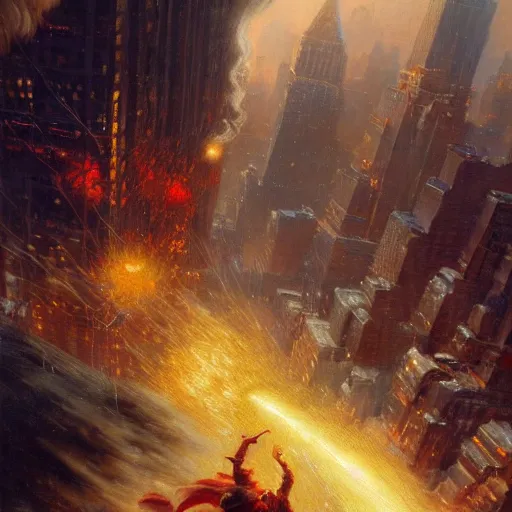 Prompt: stunning male master wizard destroying new york by his thunder spell, highly detailed painting by gaston bussiere, craig mullins, j. c. leyendecker, 8 k