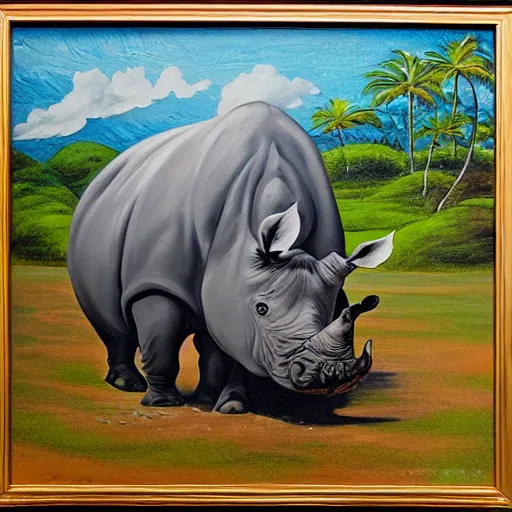 Image similar to oil on canvas of, rhinoceros hatching an egg in hawaii