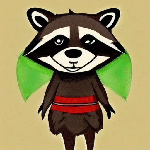 Image similar to a raccoon in a green rouge outfit with a dagger, trending on art station