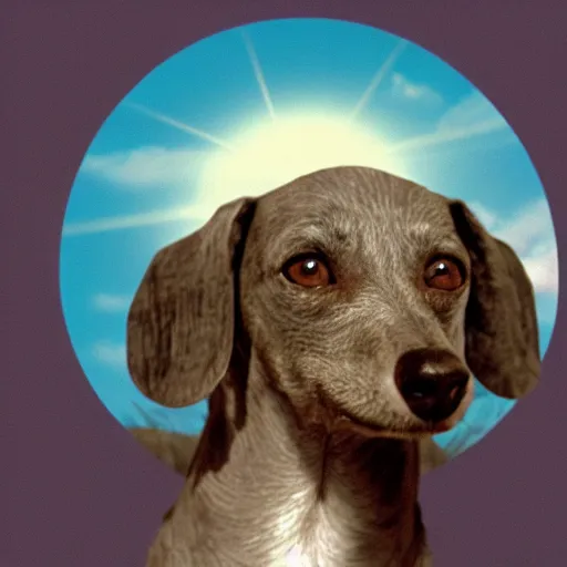 Image similar to an elderly, grey wire-haired dachshund floating in heaven, blue sky, surrounded by beautiful white clouds, with a halo