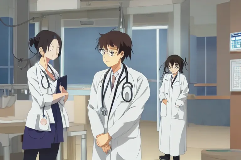 Image similar to a cute young female doctor wearing white coat are talking with an old surgeon in a hospital, slice of life anime, lighting, anime scenery by Makoto shinkai