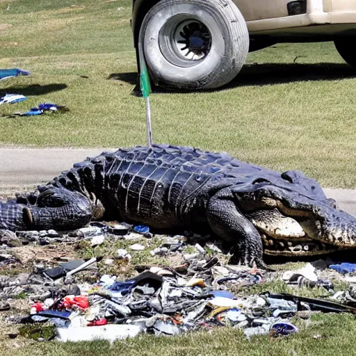 Image similar to one large alligator chained up next to a very large mound of trash, papers, junk, and golf cart parts