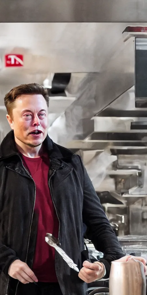 Image similar to cropped close up of elon musk crying and serving you at a fast food restraunt, hyperrealistic, dramatic lighting