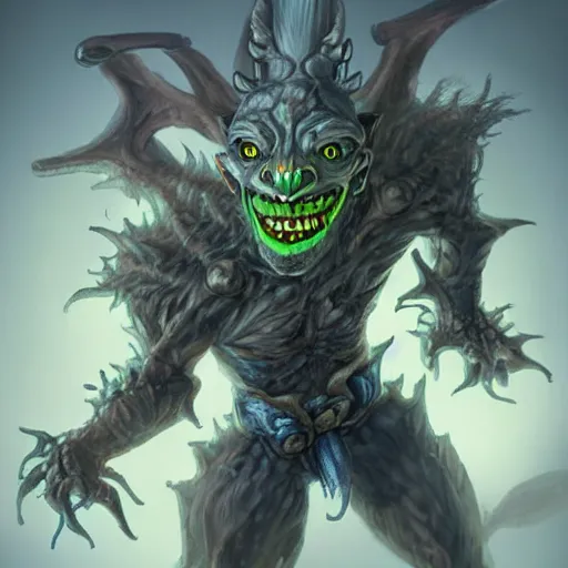Image similar to a highly detailed goblin with grey skin and blue eyes that glow, made of wind, like magic the gathering, goblin chainwalker, digital art, by christopher rush