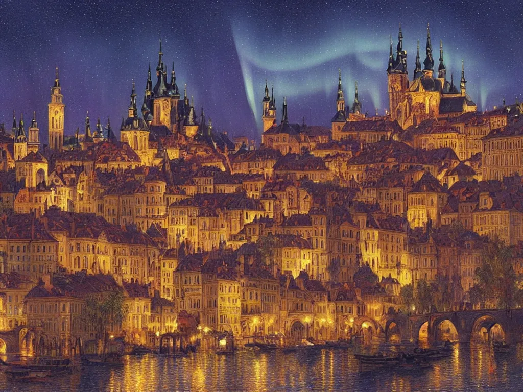 Image similar to a view from the river an ancient medieval castle city resembling prague, paris, and venice at night with northern lights in the sky, intricate, elegant, highly detailed, digital painting, artstation, concept art, smooth, sharp focus, colored illustration for tattoo, art by thomas kincade, krenz cushart and artem demura and alphonse mucha,