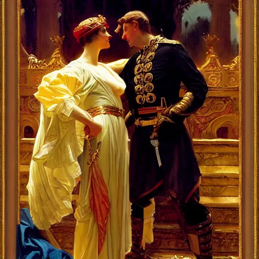 Image similar to attractive fully clothed king confesses his love for his attractive fully clothed male prince. highly detailed painting by gaston bussiere, mark brooks, j. c. leyendecker