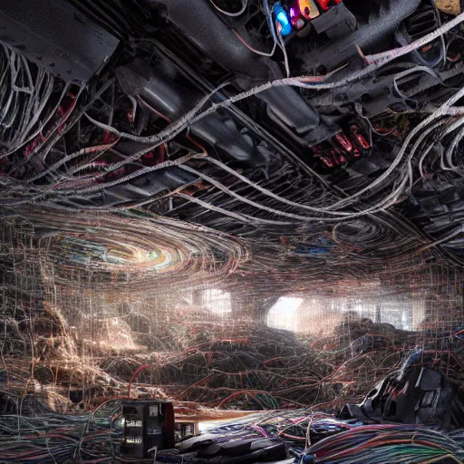 Image similar to a cave with many computers and piles of modular synth cables, by cameron gray, wlop, stanley kubrick, masamune, hideki anno, unique perspective, trending on artstation, 3 d render, smooth render