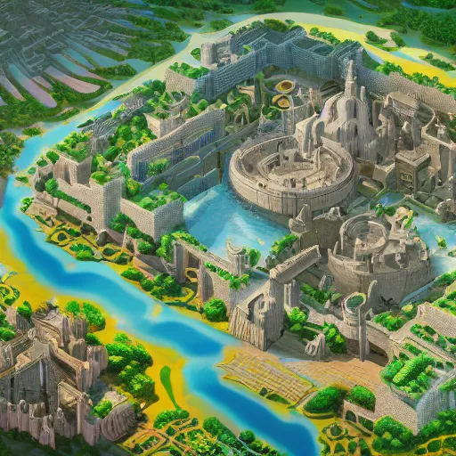 Prompt: a hyper detailed isometric aerial vector view of an ancient kingdom by madmaraca, concept art, level design, highly detailed, 8k wallpaper