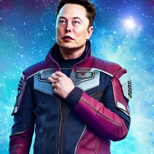 Image similar to Elon Musk in Gaurdians of the Galaxy, highly detailed, high quality, HD, 4k, 8k, Canon 300mm, professional photographer, 40mp, lifelike, top-rated, award winning, realistic, sharp, no blur, edited, corrected, trending