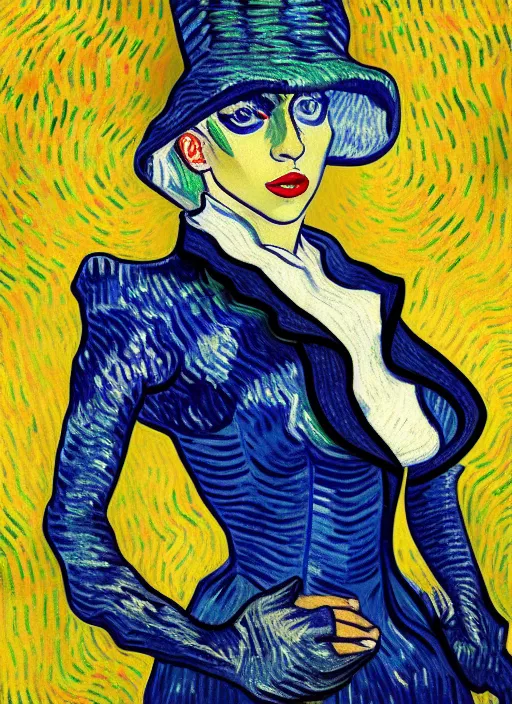 Image similar to lady gaga : : by vincent van gogh : : dynamic, particulate, rich colors, intricate, elegant, highly detailed, vogue, fashion magazine, smooth, sharp focus, 8 k