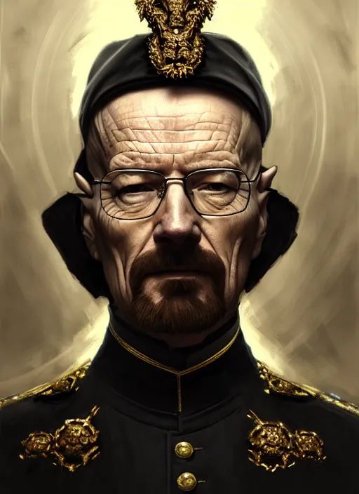 Prompt: portrait of supreme leader walter white, royalty, extravagant, lord, full body, military uniform, fantasy, intricate, elegant, beautiful, highly detailed, charcoal, centered, dark, smokey, digital painting, artstation, concept art, art by artgerm and greg rutkowski and alphonse mucha