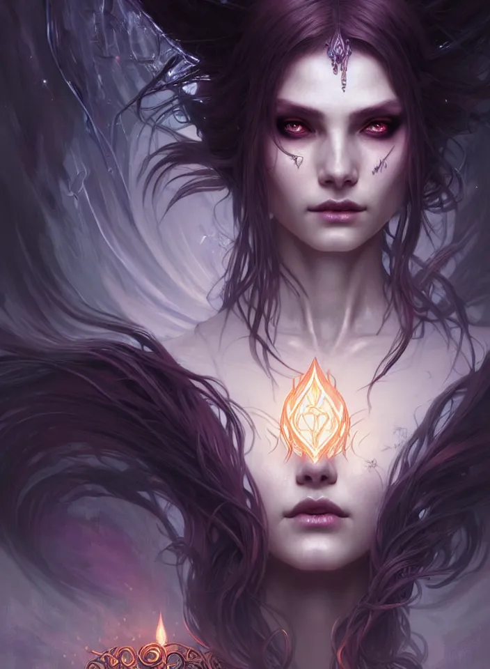 Image similar to Necromancer Sorceress face in center, fantasy magic, undercut hairstyle, dark light night, intricate, elegant, sharp focus, illustration, highly detailed, digital painting, concept art, matte, art by WLOP and Artgerm and Greg Rutkowski and Alphonse Mucha, masterpiece