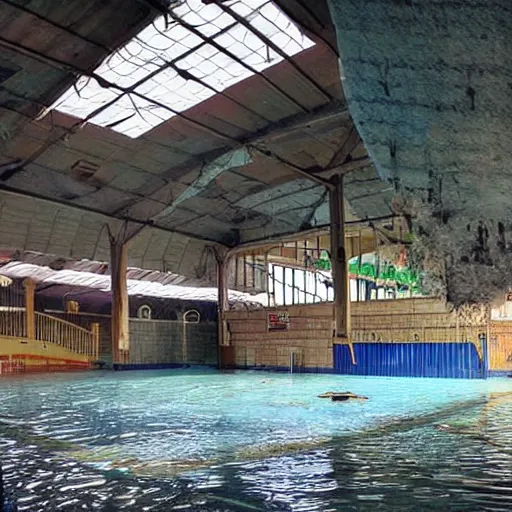Prompt: an indoors waterpark. creepy, flooded, empty, abandoned. craiglist photo.