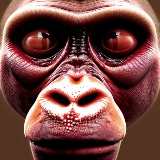 Prompt: a hyperrealistic surreal portrait of open sores, bumps, skin wounds, surface hives on the skin of a monkey covered with pox, hives, bumps, highly detailed, by Jason Edmiston and Ernst Jaeckel, octane render